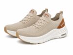 Skechers 1st Looks beige knit comfort sneakers with a brown heel accent. - Image 3