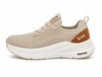 Skechers 1st Looks beige knit comfort sneakers with a brown heel accent.