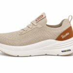 Skechers 1st Looks beige knit comfort sneakers with a brown heel accent.