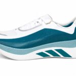 Adidas Hyperboost Edge running shoes in white and petrol blue colorway